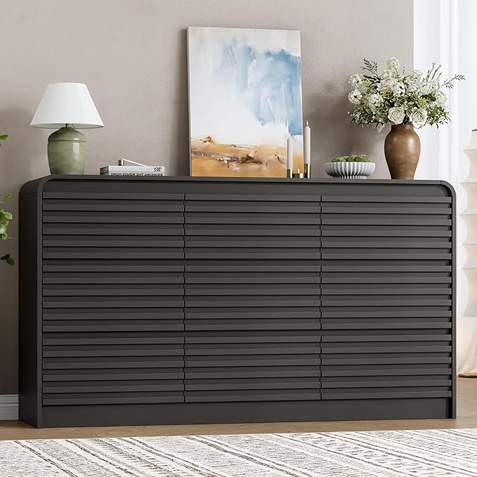 Fluted 9 Drawer Dresser for Bedroom, 59" Wide Wood Chests of Drawers with Curved Profile, Mid Century Modern Dresser with Large Storage & Hidden Handle for Living Room, Hallway, Black