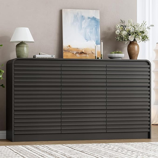 Fluted 9 Drawer Dresser for Bedroom, 59" Wide Wood Chests of Drawers with Curved Profile, Mid Century Modern Dresser with Large Storage & Hidden Handle for Living Room, Hallway, Black