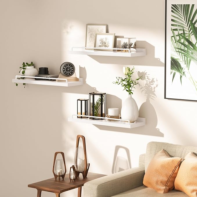 Floating Shelves for Wall Decor, White Shelves for Bathroom, Living Room, Bedroom, Picture Frames, Plants, Kitchen (Set of 3)