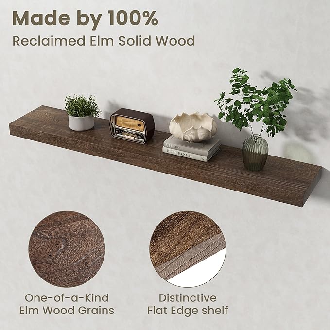 Fun Memories Solid Elm Wood Floating Shelves Set of 1-48 Inch Rustic Wall Shelves with Heavy-Duty Invisible Brackets - for Living Room, Kitchen, Bedroom, Bathroom - Walnut Finish