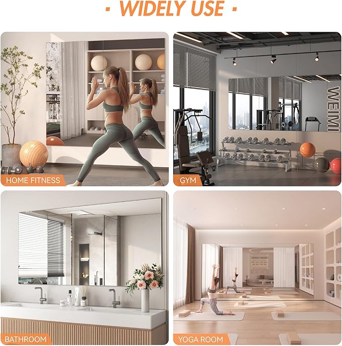 Hasipu Home Gym Workout Mirror 48" L x 30" W-2pcs Large Full Length Mounted Full Body Frameless Mirror for Workout, Yoga, Garage, Bedroom, Dance