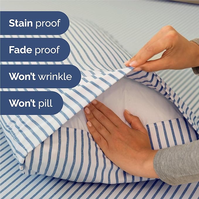King Size 4 Piece Sheet Set - Comfy Breathable & Cooling Sheets - Hotel Luxury Bed Sheets for Women & Men - Deep Pockets, Easy-Fit, Soft and Wrinkle Free Sheets - Blue Stripes Oeko-Tex Bed Sheet Set
