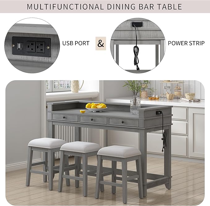 P PURLOVE 4 Piece Dining Bar Table Set with 3 Stools, Multifunctional, Industrial Style, USB Port, Space Saving, Solid Wood, Easy Assembly