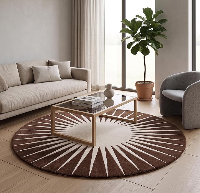 Restoration and Renovation Modern Round Area Rug – Hand-Tufted with 100% NZ Wool, Thick & Soft Circular Carpet for Living Room, Bedroom & Dining Room Decor (Brown, 7' Round)