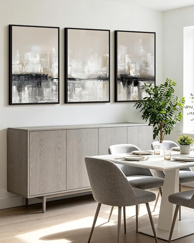 KUVIOKE Abstract Gray Framed Wall Art Neutral Brown Artwork Painting Morden Minimalist Wall Decor Rustic Home Decor 24x36in (Black Framed)
