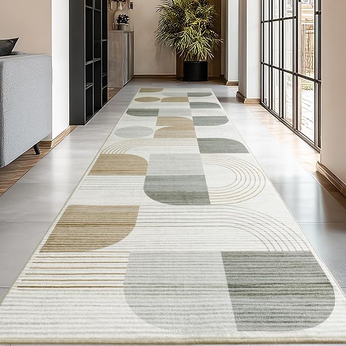 Machine Washable 2.7x8 Runner Rug, Soft Modern Geometric Abstract Beige Rugs for Bedroom Living Room, Non-Shedding Faux Wool Indoor Throw Floor Carpet for Office Entryway Dining Room Decor