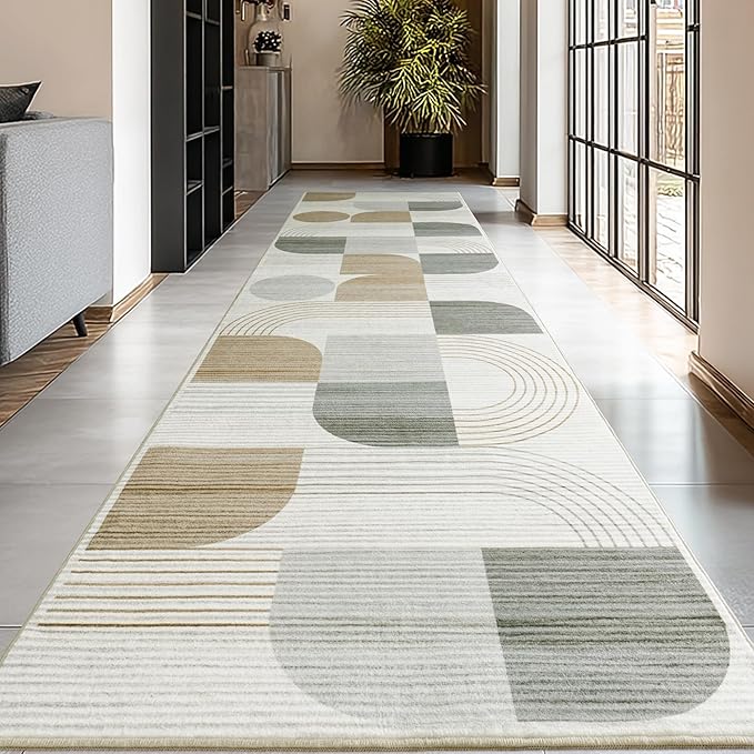 Machine Washable 2x6 Runner Rug, Soft Modern Geometric Abstract Beige Rugs for Bedroom Living Room, Non-Shedding Faux Wool Indoor Throw Floor Carpet for Office Entryway Dining Room Decor