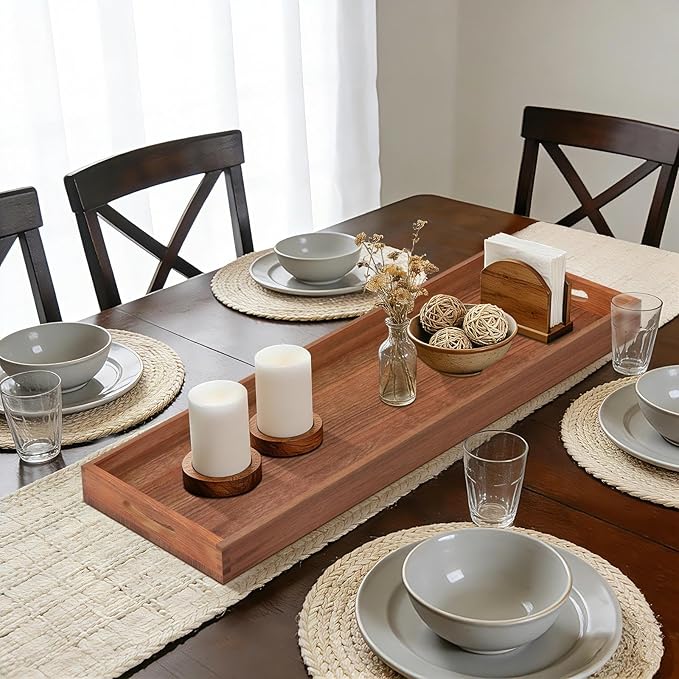MAONAME Extra Large Cherry Wood Serving Tray with Handles, 36 x 12 inches Wooden Ottoman Tray, Long Serving Board for Party Breakfast Dinner, Classic Charcuterie Board for Meat, Cheese & Appetizers