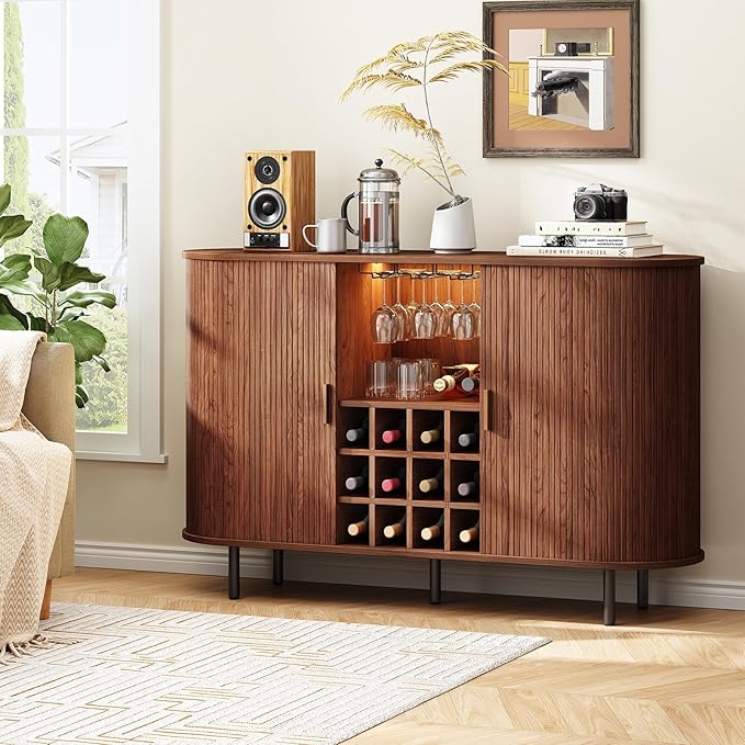 ONBRILL 55" Wine Bar Cabinet with LED Light,Modern Liquor Whiskey Coffee Station with Wine Rack and Glass Holder, Farmhouse Buffet Sideboard with Storage for Living Room, Kitchen, Entryway (Walnut)