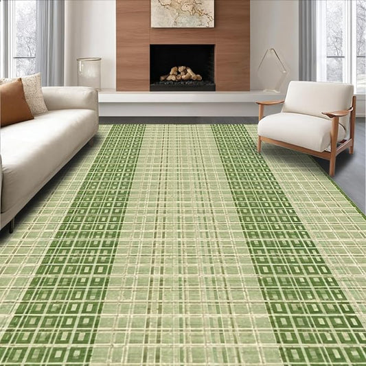 Flatwoven High Traffic Area Rug 8x10, Minimalist Asian Inspired Lattice with Zen, Non Slip, Stain Resistant, Washable Area Rugs for Living Room, Bedroom (Green, 8x10)