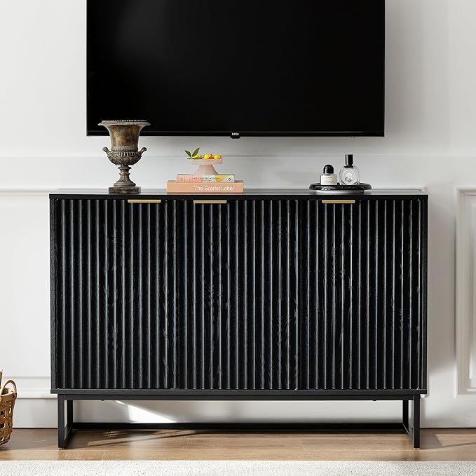 Fluted Storage Cabinet with 3 Doors, Sideboard Buffet Cabinets Adjustable Shelves, Credenza Console Table Cabinets for Living Room, Black