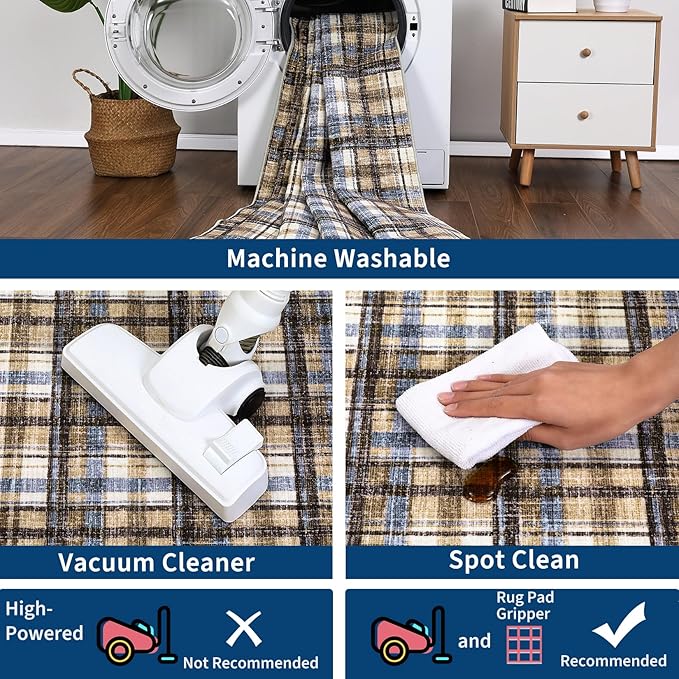 Washable Rugs 2x6 Runner Rug Modern Bordered Bathroom Rugs Non Slip Kitchen Runner Low Pile Entryway Rug Soft Runners Stain Resistant Carpet for Laundry Hallway Bedside 2'x6' Blue&Camel