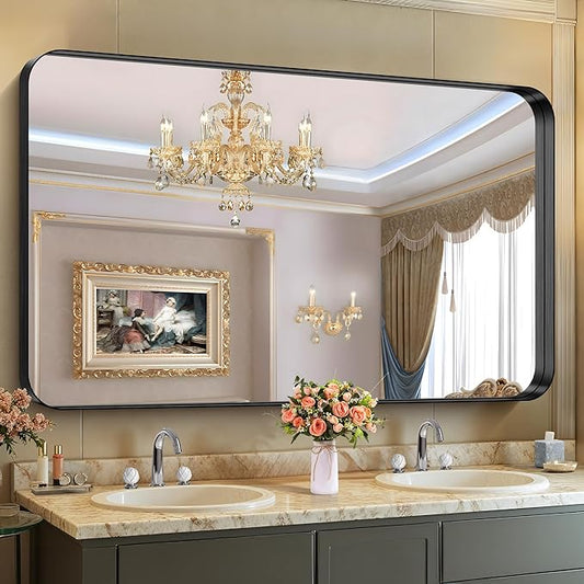 CIRCUMI Black Bathroom Mirror, 36"x60" Rectangular Mirror with Deep Metal Frame, Rounded Corner, Tempered Glass, Large Mirror for Wall, Over 2 Sinks, Installed Vertically/Horizontally, Crystal-Clear