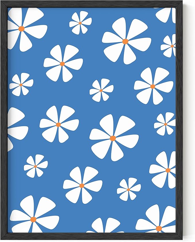HAUS AND HUES Daisy Wall Art - Blue floral picture for living room, adding a touch of color and serenity. Framed in sleek black (Black Frame, 12x16).