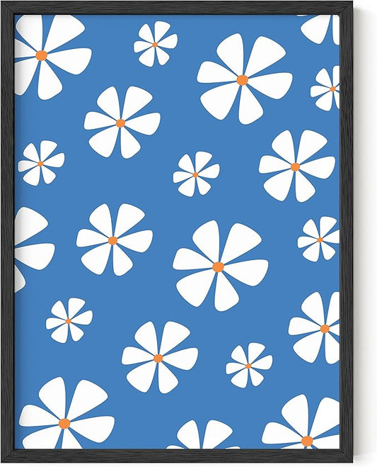HAUS AND HUES Daisy Wall Art - Blue floral picture for living room, adding a touch of color and serenity. Framed in sleek black (Black Frame, 12x16).