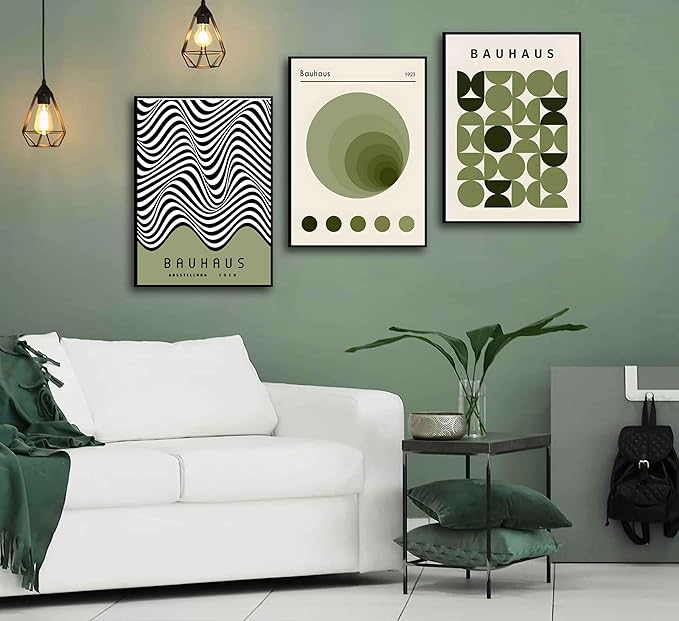 WSTUKVV 3Pcs Bauhaus Mid Century Modern Wall Art Bauhaus 1923 Posters Pictures Green Boho Abstract Geometric Canvas Prints Black Line Paintings for Living Room Bedroom Dining Room Wall Decor Unframed