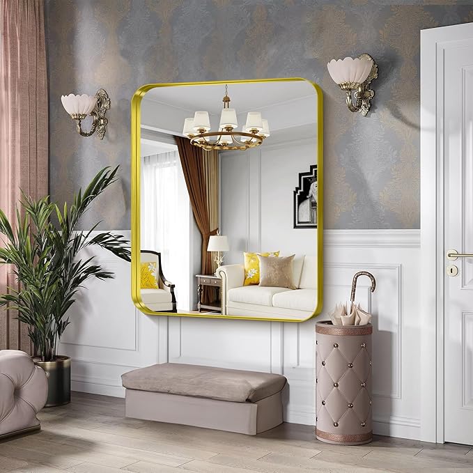 CIRCUMI Gold Bathroom Mirror, 40"x48" Rectangular Mirror with Deep Metal Frame, Rounded Corner, Tempered Glass, Large Mirror for Wall, Over 2 Sinks, Installed Vertically/Horizontally, Crystal-Clear