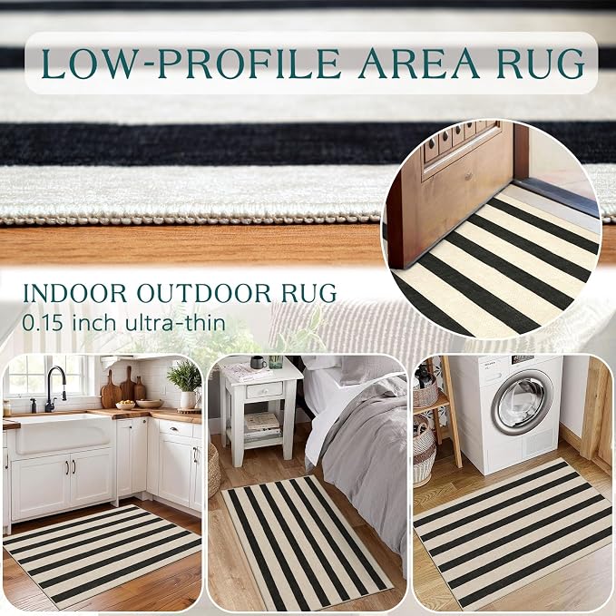 Black and White Striped Outdoor Rug - 2x3 Non-Slip Front Door Mat Outside Entrance Washable Doormat Indoor Outdoor Entry Rug Small Layered Rugs for Entryway Kitchen Front Porch Decor
