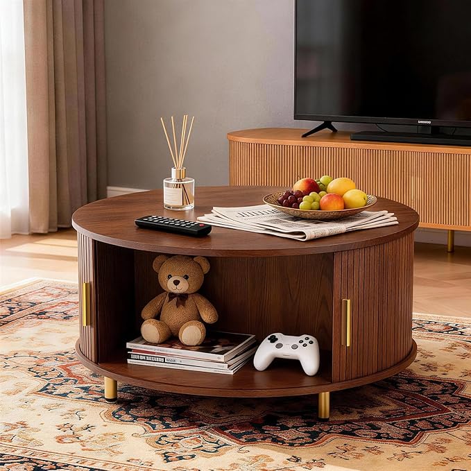 DHH Round Coffee Table, 31.5" Mid Century Modern Coffee Table with 360° Sliding Tambour Door, Fluted Accent Coffee Table with Storage Adjustable Footpads for Living Room (Walnut)