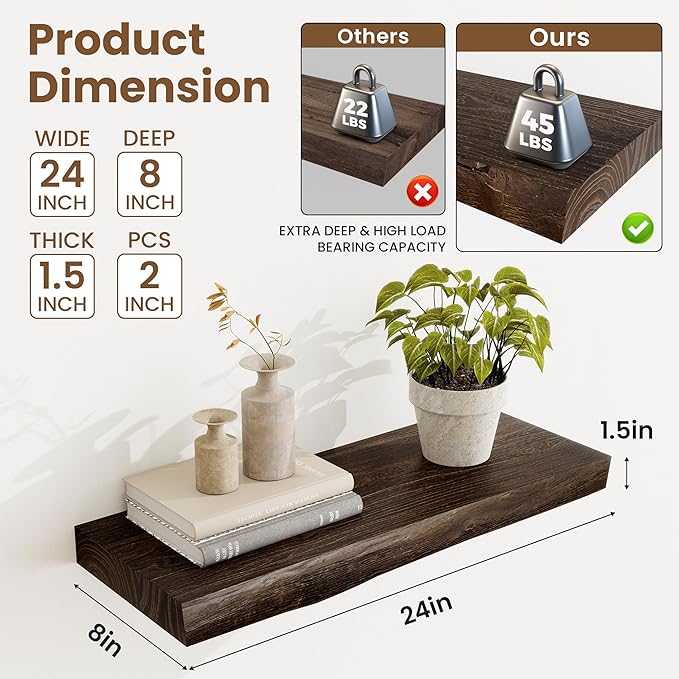 Extra Deep 24" Long Live Edge Rustic Floating Shelves for Wall, Solid Wood Wall Shelves with Invisible Bracket Mount for Living Room Bathroom Bedroom Kitchen, Set of 2, Natural