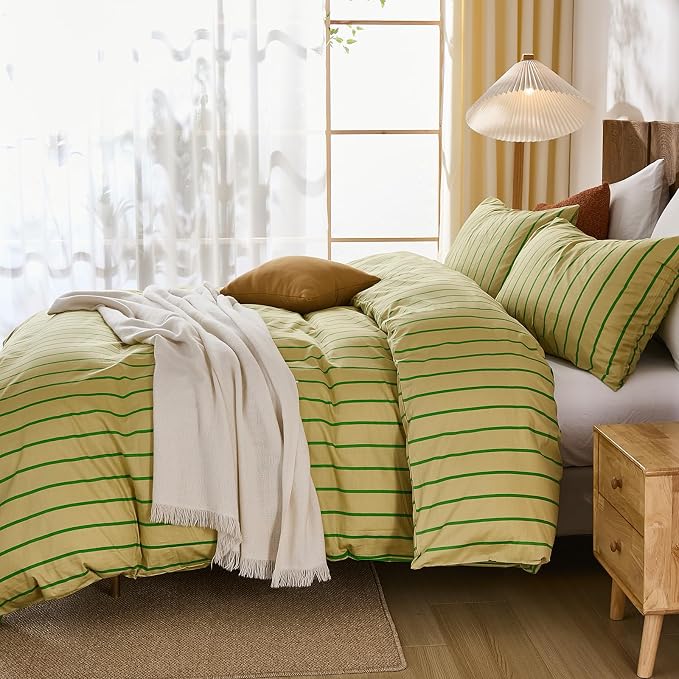 Merryword Striped Duvet Cover Set Queen Size - 100% Cotton Duvet Cover Set, Khaki & Green Stripes Pattern Comforter Cover 3 Pieces, Soft Linen Like Bedding Set for All Seasons