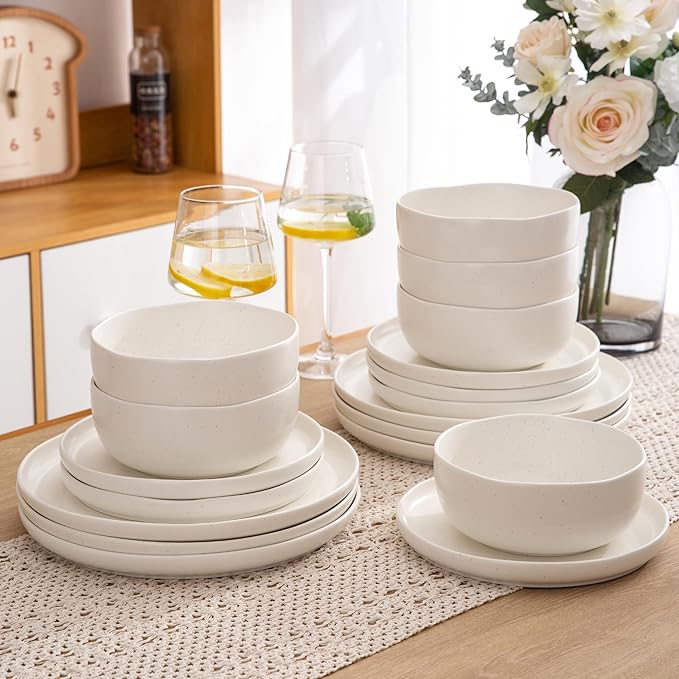 AmorArc Ceramic Dinnerware Sets, Wavy Rim Stoneware Plates and Bowls Sets,Dishwasher & Microwave & Oven Safe Dishes set, Service for 4 (12pc)-Matte Speckled White