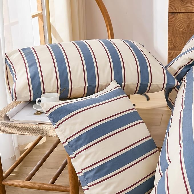 Merryword 100% Cotton Duvet Cover Set Queen Size - Blue & White Cabana Striped Bedding Set with Zipper & Corner Ties, 3-Piece Luxury & Silky Soft Bedding Set for All Seasons