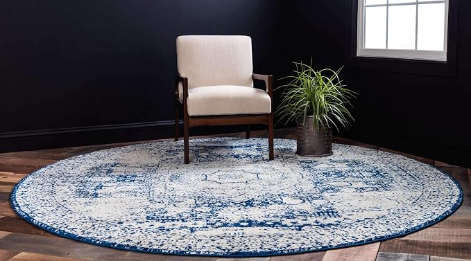 Unique Loom Bromley Collection Area Rug - Wells (8' Round, Ivory and Blue/ Ivory)