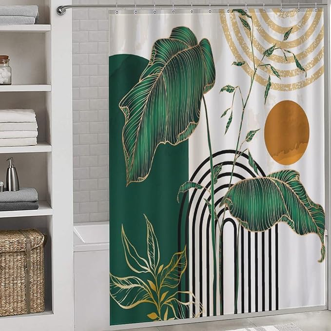 Mid Century Modern Shower Curtain, Boho Aesthetic Green Tropical Palm Leaves Abstract Minimalist Geometic Arch Waterproof Fabric Bathroom Shower Curtain Set with Hooks, 72"x78" Inch