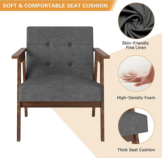 Mid Century Modern Armchair, Upholstered Fabric Lounge Chair with Walnut Finish Frame for Living Room, Comfortable Sofa Chair in Dark Gray
