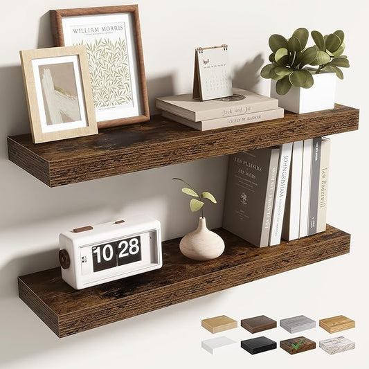 24 Inch Floating Shelves for Wall 2 Pack, 24" Wall Shelves for Books, Storage, Decor, Wall Mounted Floating Shelf with Invisible Brackets for Kitchen, Living Room, Brown