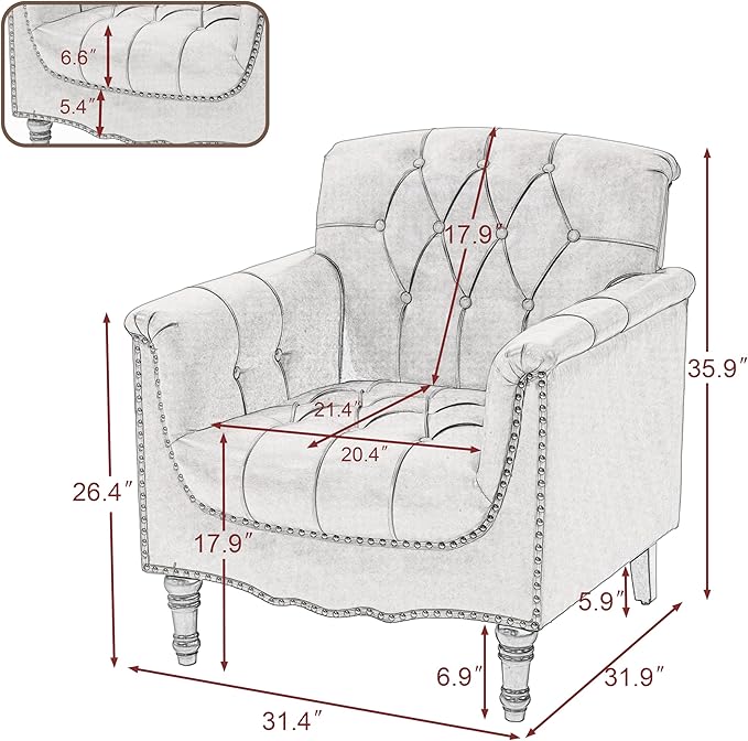 UIXE Faux Leather Accent Chair for Living Room, Tufted Arm Chair Retro Upholstered Club Armchair with Solid Wood Legs, Burgundy Red