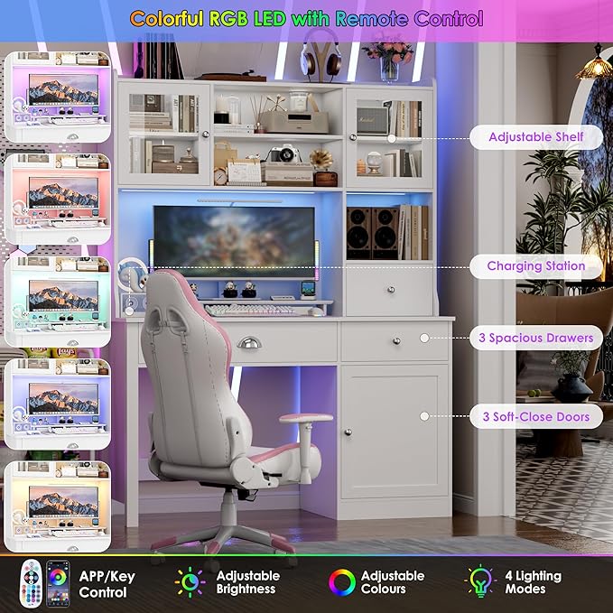 FACBOTALL Computer Desk with Hutch and RGB Lights, 65" Office Desk with Power Outlet, Makeup Vanity with 3 Doors & 3 Drawers, Executive Desks for Home, Work and Study, White