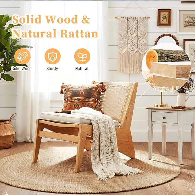 Furlide Rattan Accent Chair for Living Room, Mid Century Side Chair, Comfy Bamboo Chairs for Bedroom Reading Room, Wood