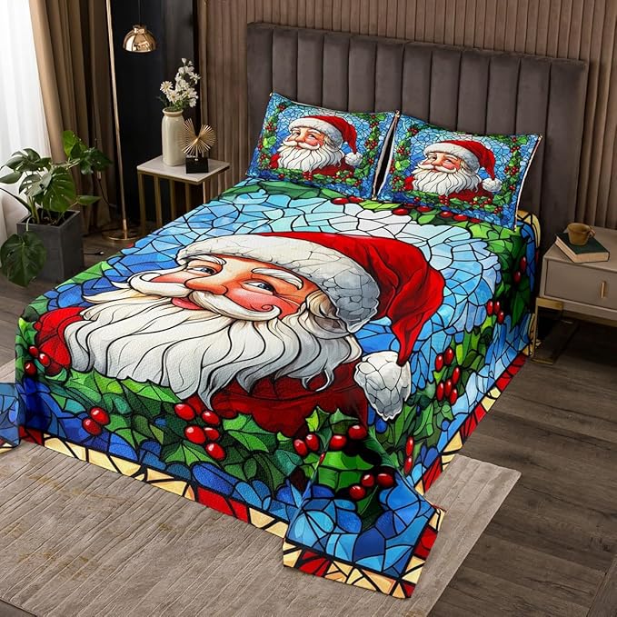Santa Claus Kid Bedspread King Size,Merry Christmas Happy New Year Western Holiday Coverlet Set,Boys Girls Room Decor,Poinsettia Flower Geometric Quilted Coverlet,Xmas Bedding Quilt,2 Pillowcases