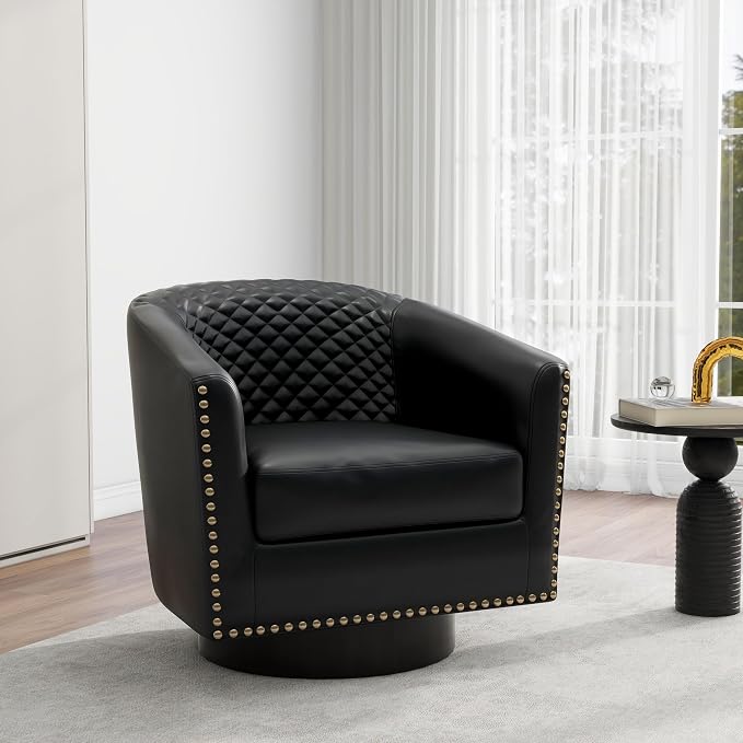 Swivel Barrel Accent Chair, Comfy Modern Upholstered Round Faux Leather Arm Chair for Living Room, Bedroom - Black, Set of 4