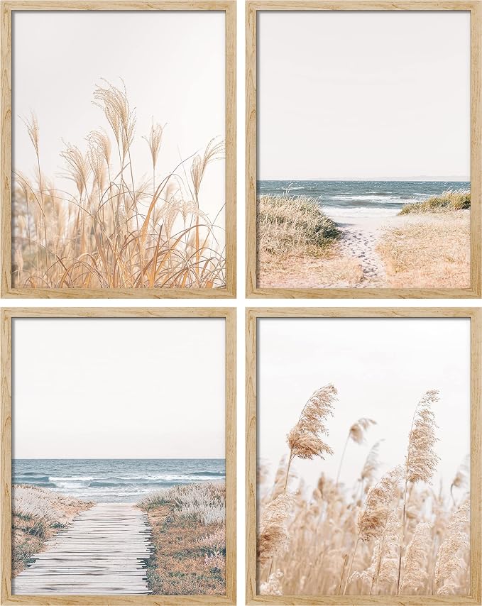 SIGNWIN Framed White Pampas Grass Beach Ocean Shore Horizon Wall Art, Set of 4 Landscape Colorful Wall Decor Prints, Nature Wilderness Wall Décor for Living Room, Bedroom - 8"x10" Natural