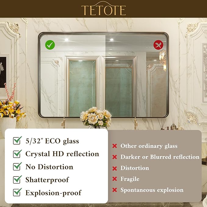 TETOTE 60 x 30 Inch Black Vanity Mirror, Rectangle Matte Metal Frame for Bathroom, Modern Round Corner Wall Mounted Mirror (Horizontal/Vertical)