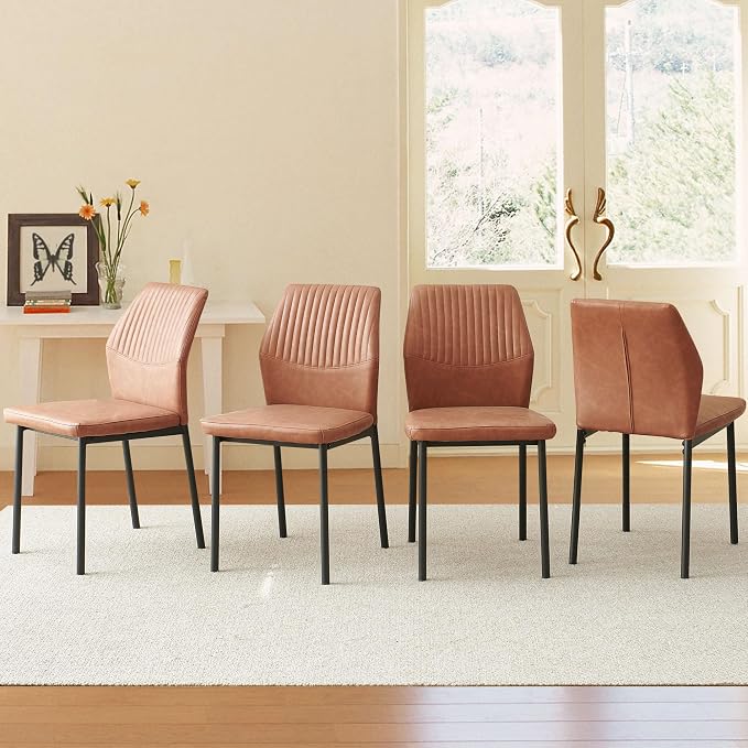 Dining Chairs Set of 4, Brown PU Leather Dining Chairs, Comfortable Upholstered Armless Kitchen Chairs with Black Metal Legs for Living Room, Dining Room, Kitchen