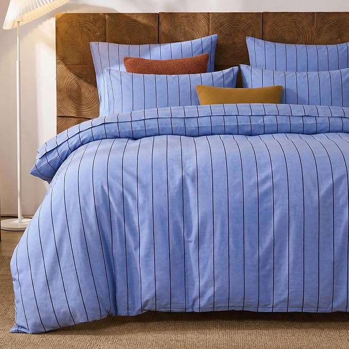 Merryword Blue Striped Duvet Cover Set Queen Size, 100% Cotton Denim Blue Bedding Set with Zipper Closure & 8 Corner Ties, Luxury Linen Like Bedding, Soft Breathable Comforter Cover for All Seasons