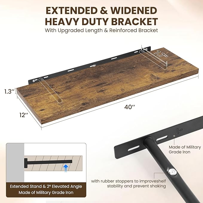 Dreamland 40" Floating Shelves for Wall, 12" Deep Slim Rustic Brown Floating Shelves, Wall-Mounted Shelves for Bedroom, Living Room, Kitchen, Bathroom - Set of 2