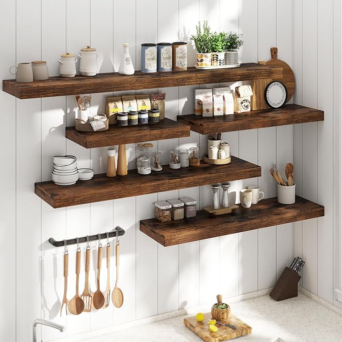 12" Deep Floating Shelves for Wall with Invisible Brackets, Wall Mounted Engineered Wood Shelves with Wood Grain for Living Room, Bedroom, Kitchen Decor and Storage, 36"L Set of 1, Rustic Brown
