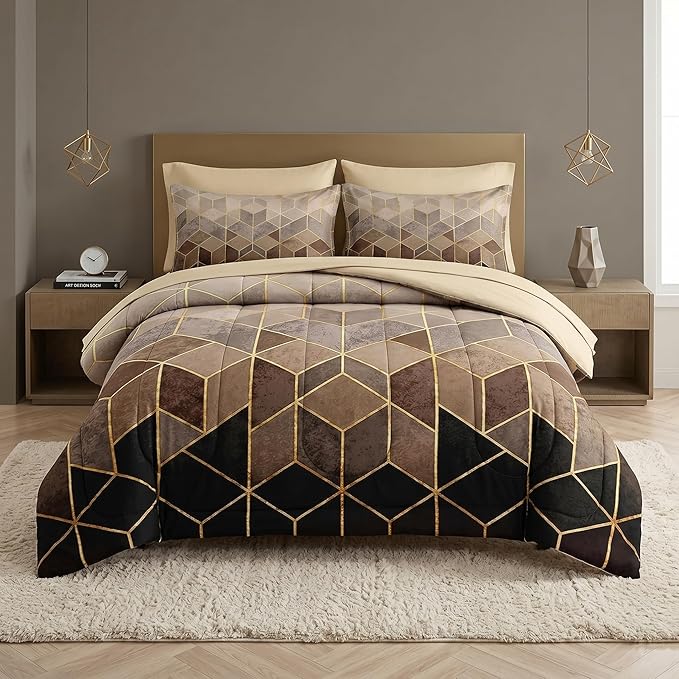 Nesker Comforter Set King Size, Black Golden Gradient Cubic 7 Pcs Bedding for Kids and Adults, Brown Modern Geometric Bed Sheet Sets with Fitted Sheet 2 Pillowcases & 2 Shams