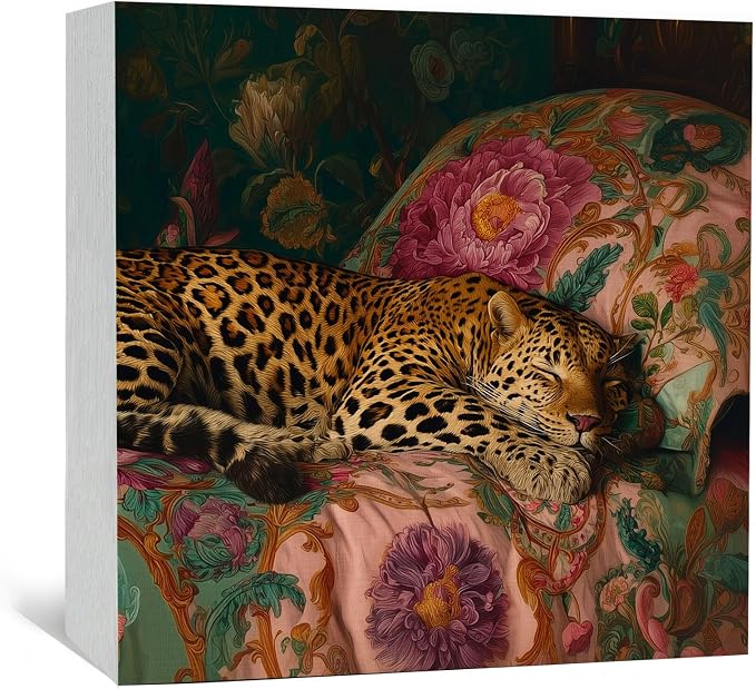 Leopard Room Decor Signs, Leopard Gifts for Women, Cheetah Room Decor, Eclectic Maximalist Sleeping Cheetah Wooden Box Sign for Girls Bedroom Dorm Desk Table Shelf 5x5 Inch