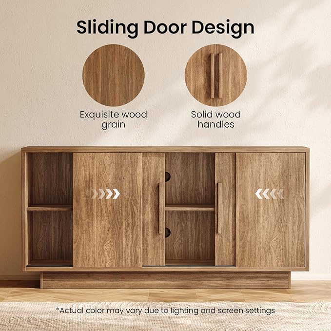 ModernMate 63'' Sideboard Buffet Cabinet with 4 Sliding Doors, Wood Credenza Storage Cabinet with Pedestal Base, Large Side Board with Adjustable Shelf for Living Room, Kitchen, Hallway, Walnut
