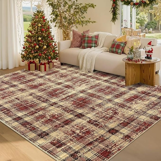 Washable Area Rug 3x5 Christmas Rug with Non Slip Rubber Backing, Modern Plaid Bedroom Rugs Farmhouse Soft Low Pile Rustic Accent Rug for Entrance Living Room Kitchen Home Decor