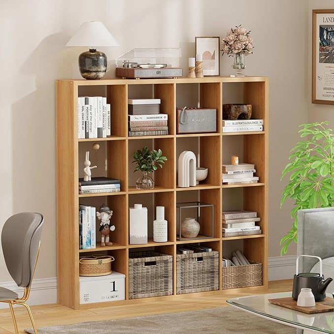 16-Cube Storage Organizer Bookcase, Thick Frame Wood Grain Storage Shelf, Rectangular Cube Open Back Display Unit, 48.8x9.4x48.8 Inches for Living Room, Bedroom, Home Office, Natural Wood