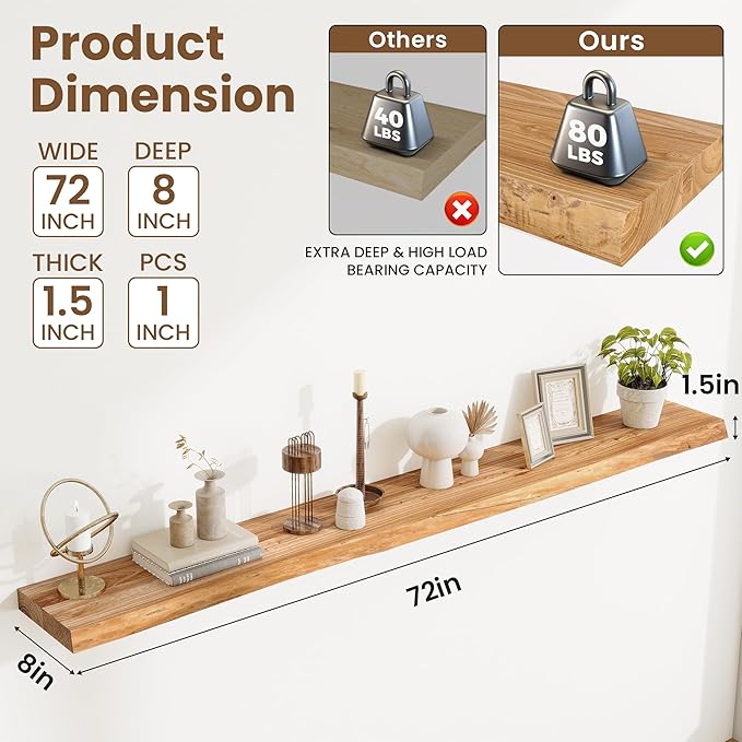 Extra Deep 72" Long Live Edge Rustic Floating Shelves for Wall, Solid Wood Wall Shelves with Invisible Bracket Mount for Living Room Bathroom Bedroom Kitchen, Set of 1, Natural