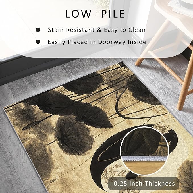Yin Yang Lotus Leaf Runner Rug 4x10, Asian Yoga Design, Zen Spiritual Meditation Area Rug, Washable Non-Slip Floor Carpet Runner for Bedroom, Dining Room, Living Room Aisle