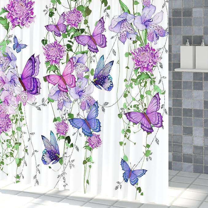 Violet Butterfly Floral Shower Curtain Spring Lavender Shower Curtain Lilac Pink Floral Bathroom Decor Waterproof Polyester Fabric with 12 Hooks,69x70 Inches
